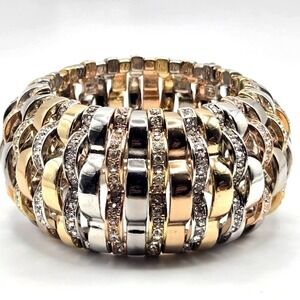 Stunning Chunky Heavy Tri-Tone Wide Stretch Bracelet with Rhinestone Pave Spacer